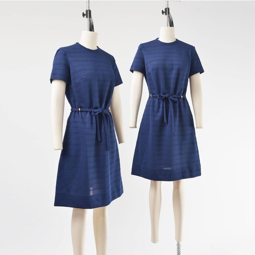 Vintage 60s Navy Striped Knit Mod Retro Shift Dress with Tie Belt S M